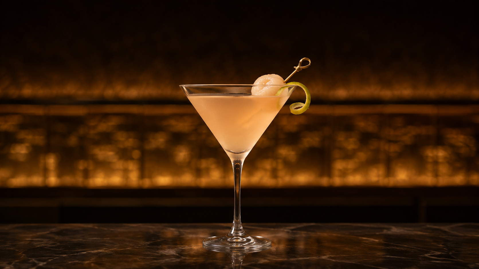 A classic martini glowing under warm bar pendant lights